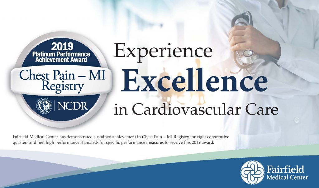 Chest Pain - MI Registry Logo with Experience the Excellence in Cardiovascular Care Text, backed by photo of folded arms holding stethoscope