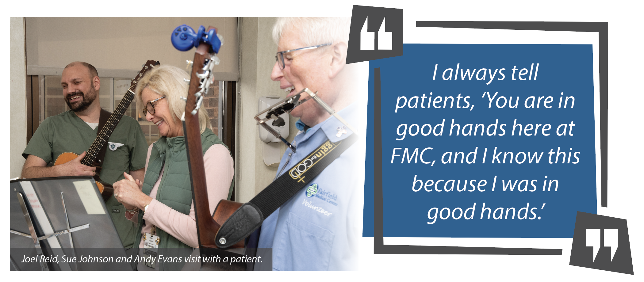 Joel Reid, Sue Johnson and Andy Evans play music for a patient